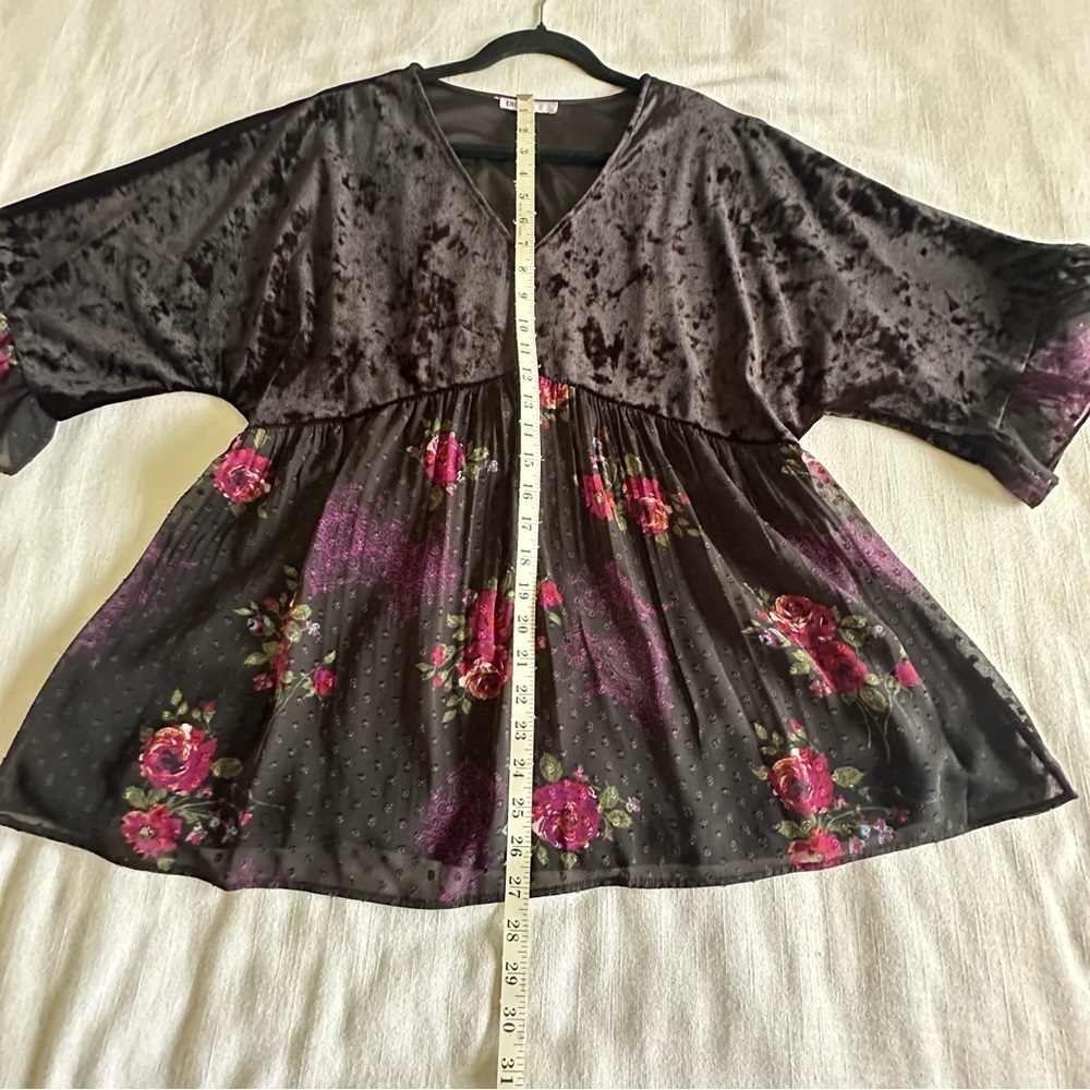 DR2 Tunic Top Womens L Black Velvet Floral Sheer Ruffle Boho Peplum Whimsigoth - Picture 5 of 12